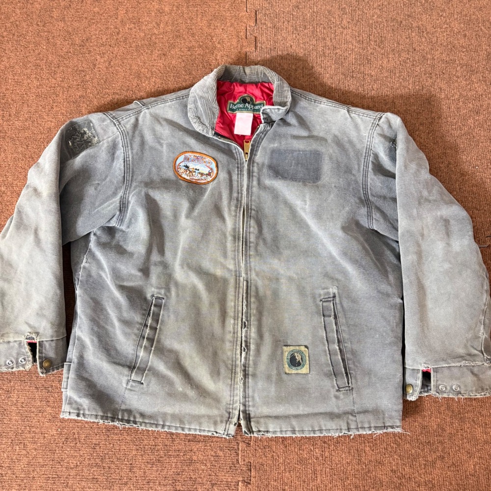 Vintage Berne Apparel Grey Canvas Work Jacket 1999 Iditarod Patch Distressed Men